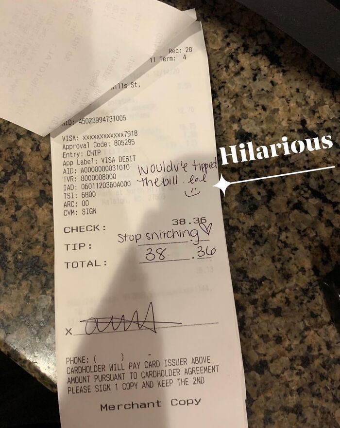 Receipt with handwritten note about tipping; an example of mildly infuriating server tips.