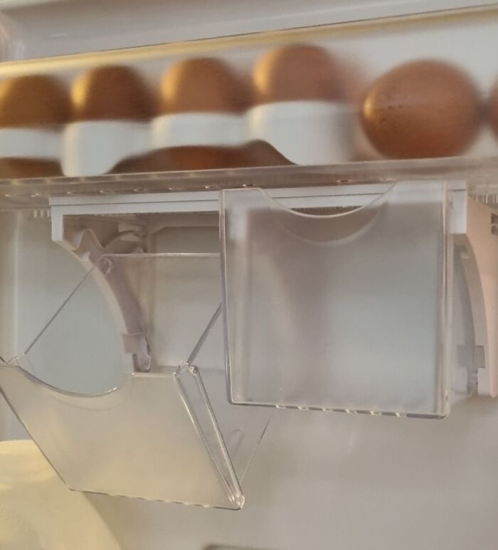 Close-up of a fridge with eggs and unidentified plastic compartments, showcasing a weird object.