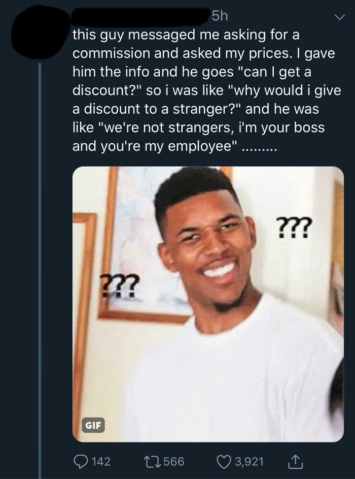 Confused person meme used in a tweet about customer cluelessness and discount misunderstanding.