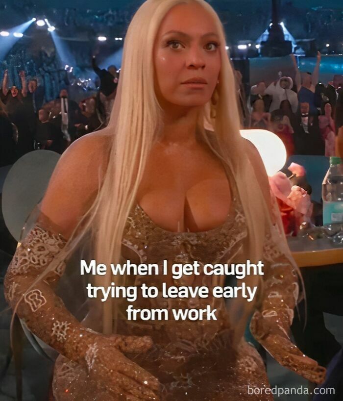 A woman in a glamorous dress with a humorous meme caption about leaving work early; funny memes theme.