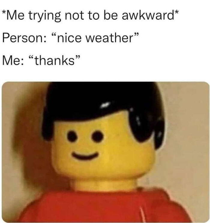 Awkward life moment with a Lego figure and humorous weather conversation illustration.