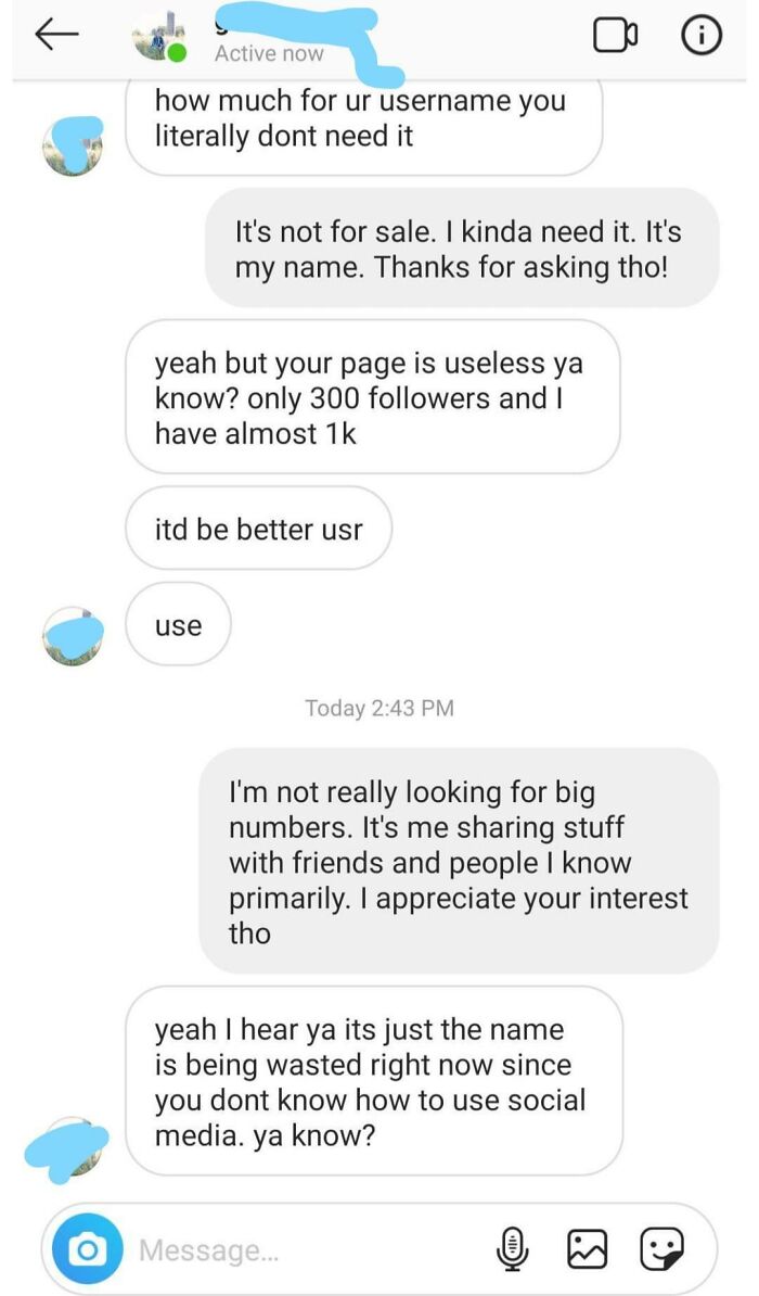 Screenshot of a conversation with entitled influencers demanding a social media username.