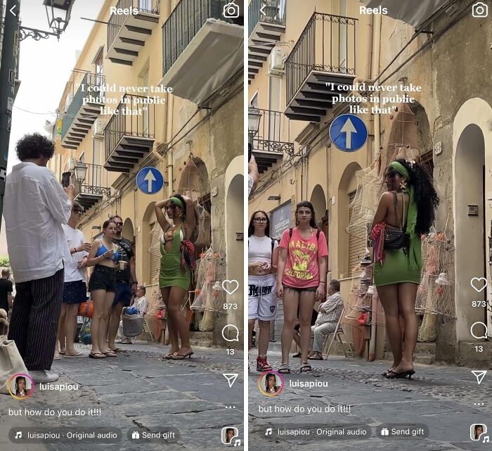 Entitled influencer poses in public, causing a scene, with onlookers watching in amusement and disbelief on a European street.