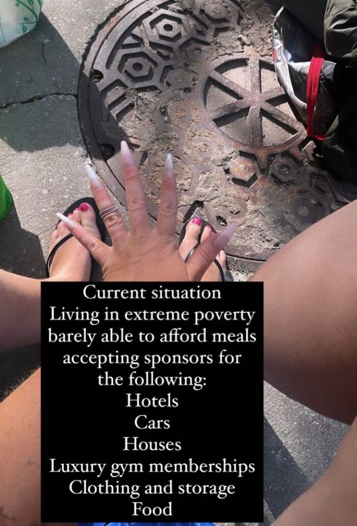 Entitled influencer post showing a hand with long nails, and a humorous list of extravagant sponsorships over a street background.