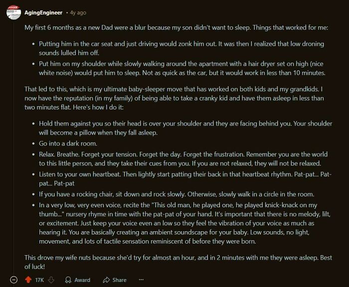 Dad comforting baby to sleep using soothing sounds and gentle rocking in a heartfelt parenting moment.