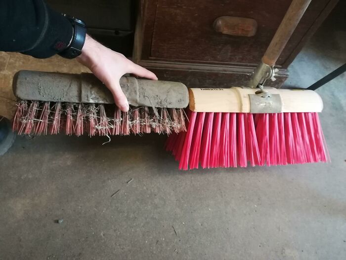 Old broom vs. new broom, showing the effects of things used over time in a workshop setting.