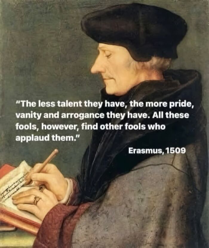Portrait of Erasmus writing with a quote from 1509, highlighting an interesting moment in history.