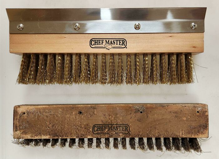 New and used Chef Master grill brushes, showing signs of things used over time.