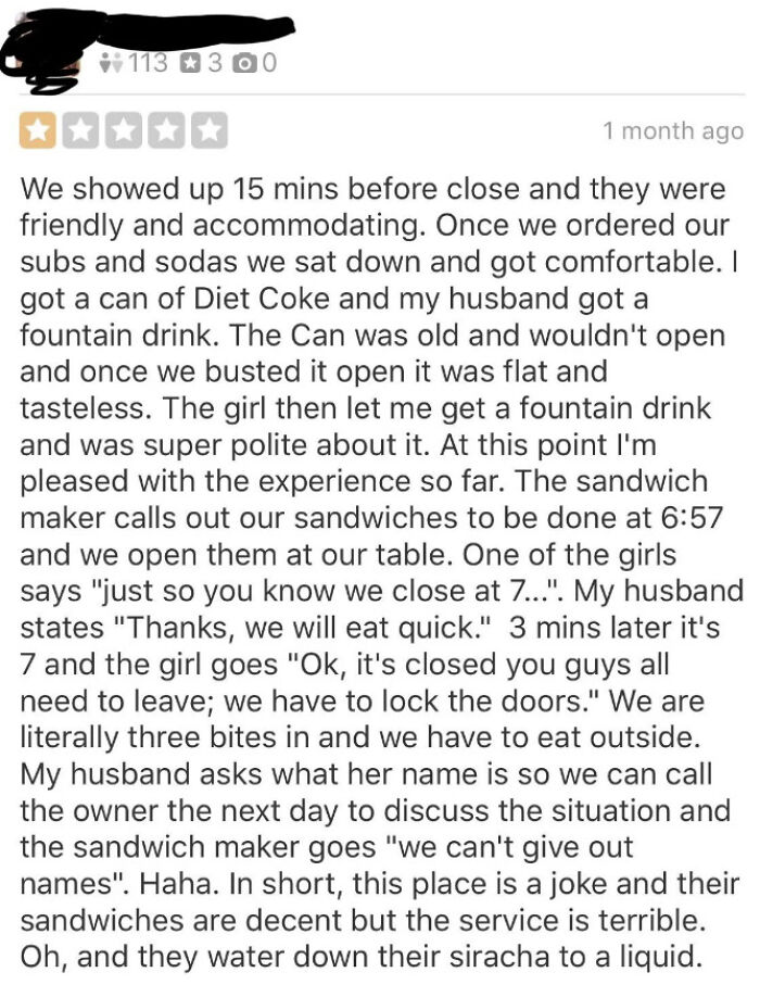 Review about entitled behavior in a restaurant, highlighting poor service and issues with drink quality.