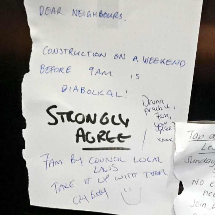 Notes about construction noise and entitled people with responses.