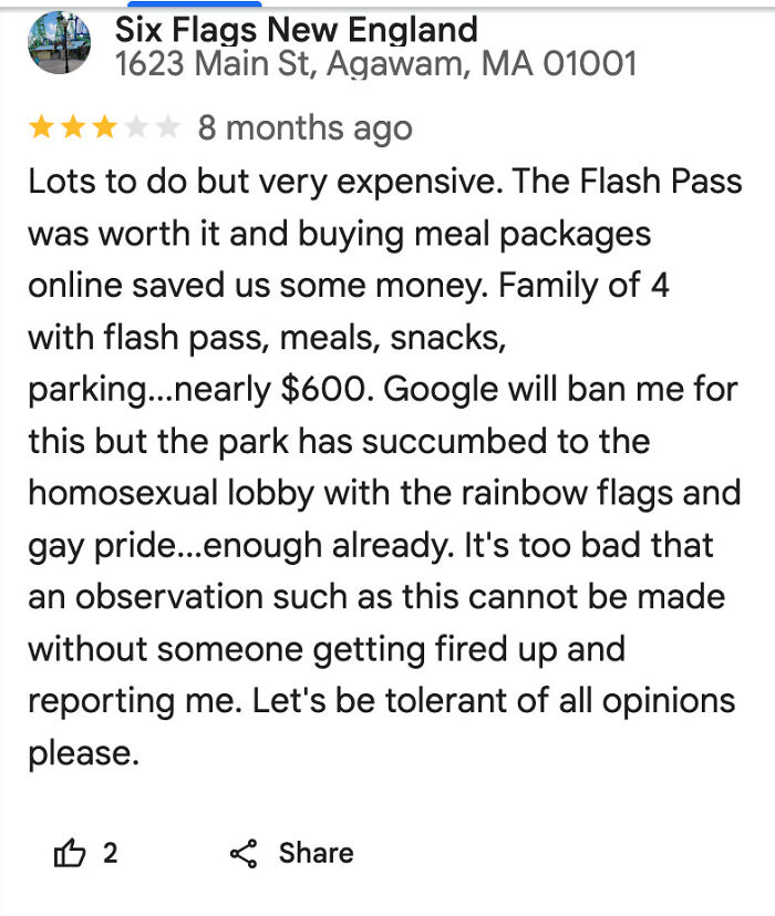 Review complaining about park expense, Flash Pass value, and pride decor, urging tolerance; features user comment at Six Flags.