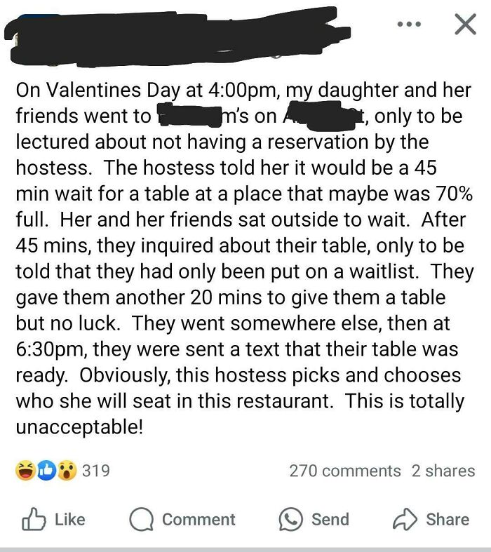 Text rant about entitled behavior at a restaurant on Valentine's Day, describing a frustrating waitlist experience.