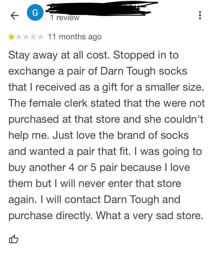 A one-star review expressing frustration over a denied sock exchange, highlighting entitled expectations and dissatisfaction.