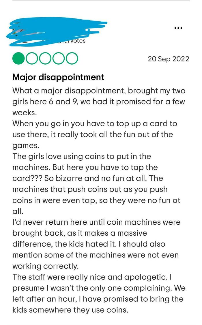 Review highlighting entitled experience with arcade games; requires card instead of coins, disappointing kids.