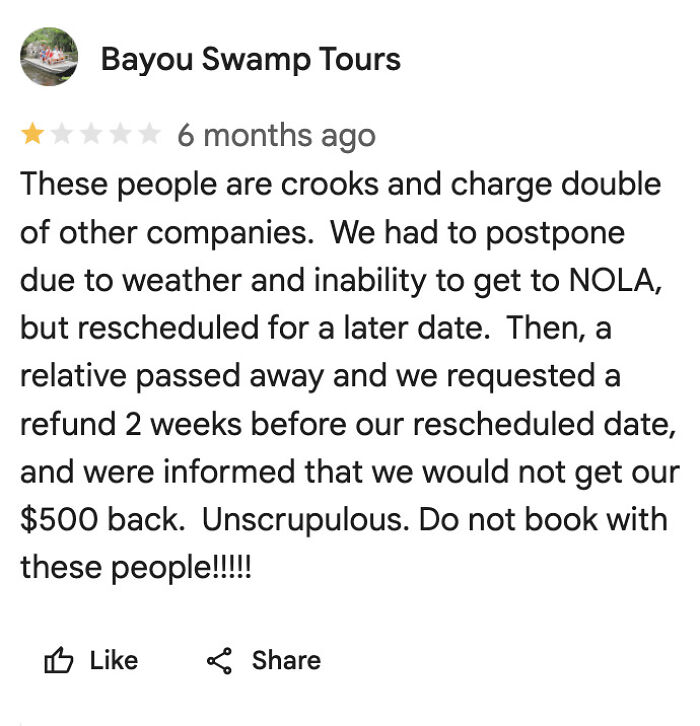 One-star review of Bayou Swamp Tours complaining about unethical practices and poor refund policy.