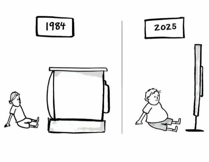 Niño frente a televisor en 1984 y joven frente a pantalla plana en 2025, humor sobre tecnología y diversión.