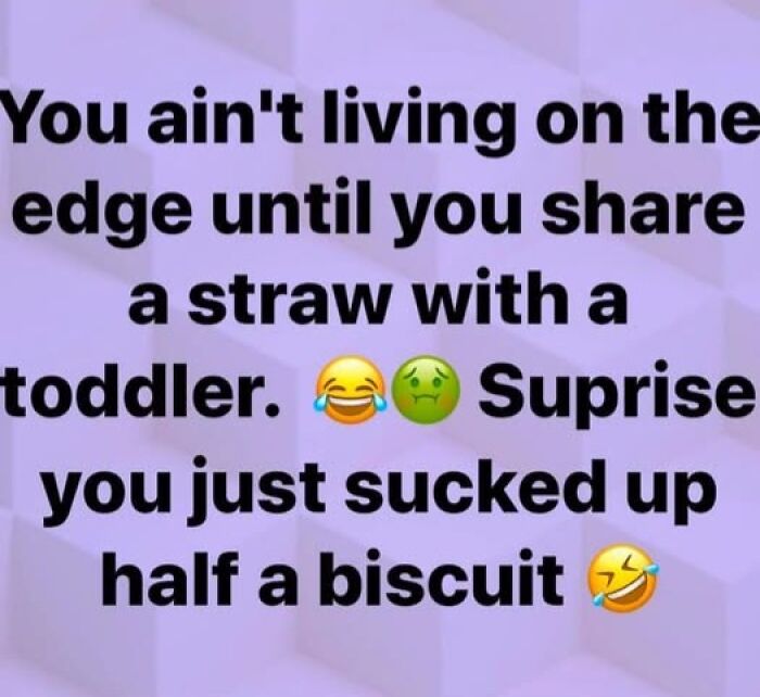 Parenting meme about sharing a straw with a toddler, with humorous emojis.