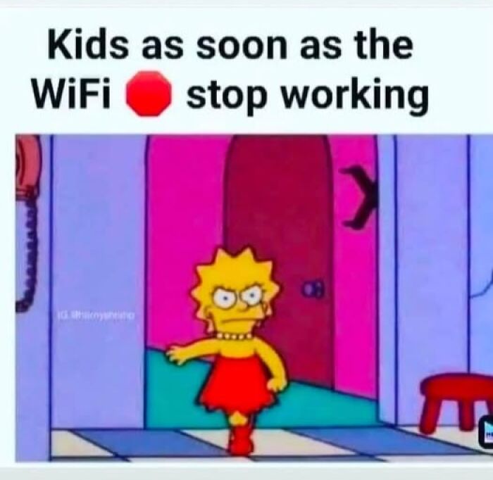Cartoon character looking frustrated as soon as the WiFi stops, illustrating parenting memes humor.