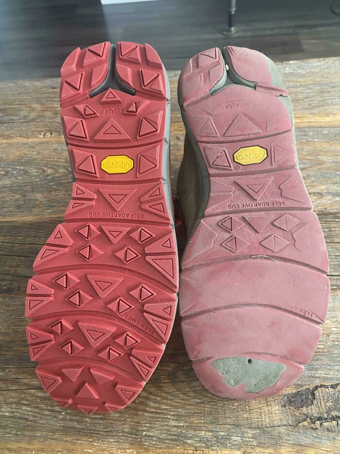 Worn sole on a Vibram boot compared to a new one, illustrating time's effect on things.