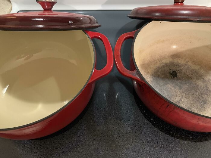 Two red pots showing the contrast of time vs. things; one clean, one worn and stained.