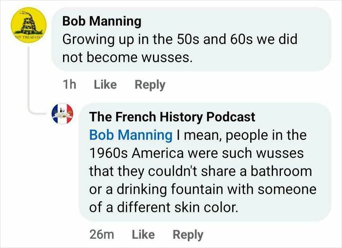Hilarious clever comebacks in online discussion about 50s and 60s culture.