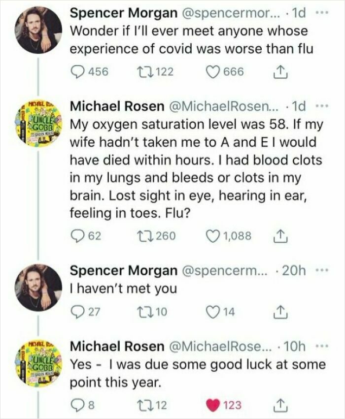 Twitter exchange showcasing hilarious clever comebacks between two users about COVID-19 experiences.