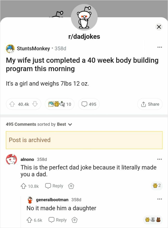 Reddit dadjoke with hilarious clever comebacks about a baby's weight and parenthood humor.