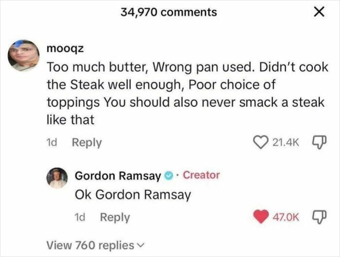 Comment exchange with a clever comeback about steak, featuring a humorous Gordon Ramsay response.