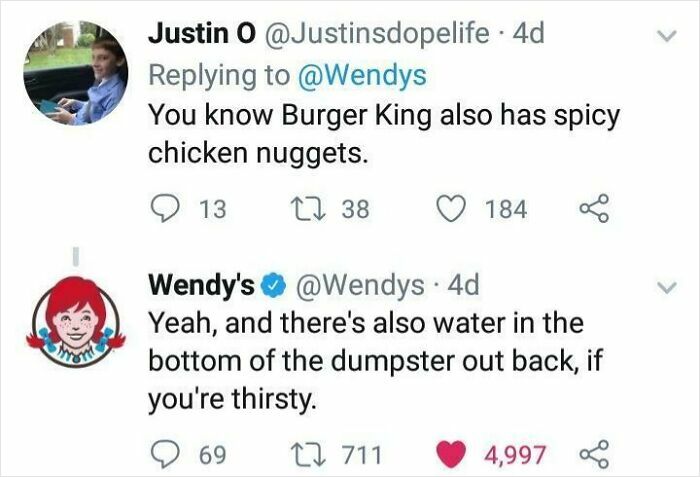 Wendy's witty response to a tweet, showcasing hilarious clever comebacks in social media.