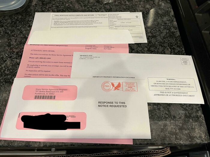 Envelopes and notices resembling official documents, possibly shameless scams targeting homeowners.