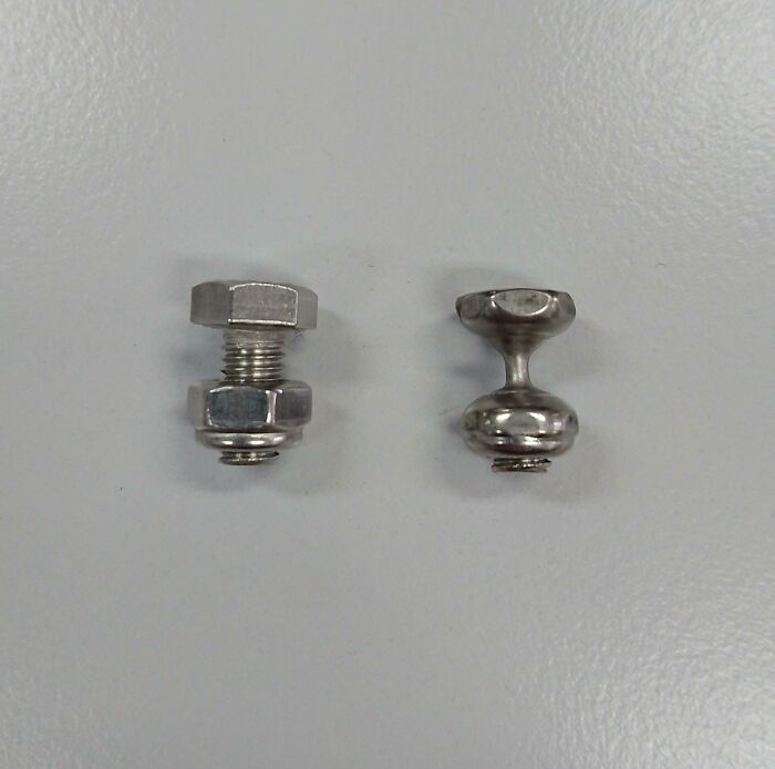 Two metallic things; a nut and bolt, and a worn bolt cap, highlighting changes over time.