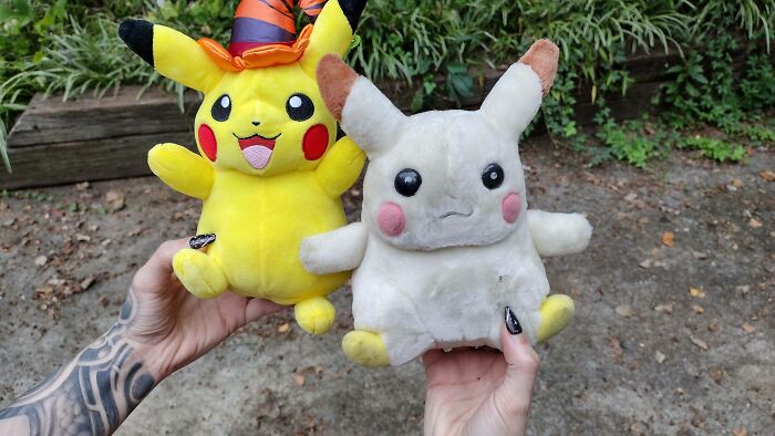 Two Pikachu plush toys held outdoors, one vibrant and new, the other worn and faded, illustrating time vs. things.