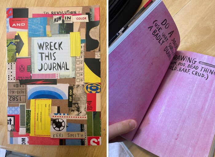 Journal with vibrant cover for creative activities, open to a page with prompts, promoting a digital detox.