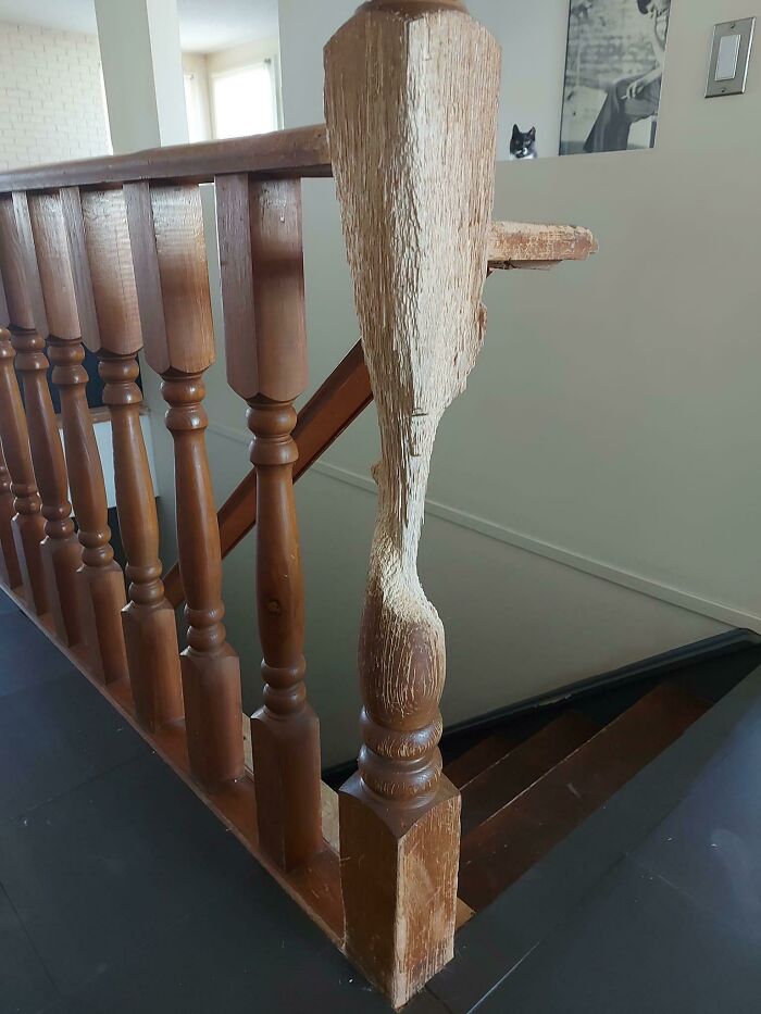 Wooden staircase banister with visible wear, illustrating effects of time on things.