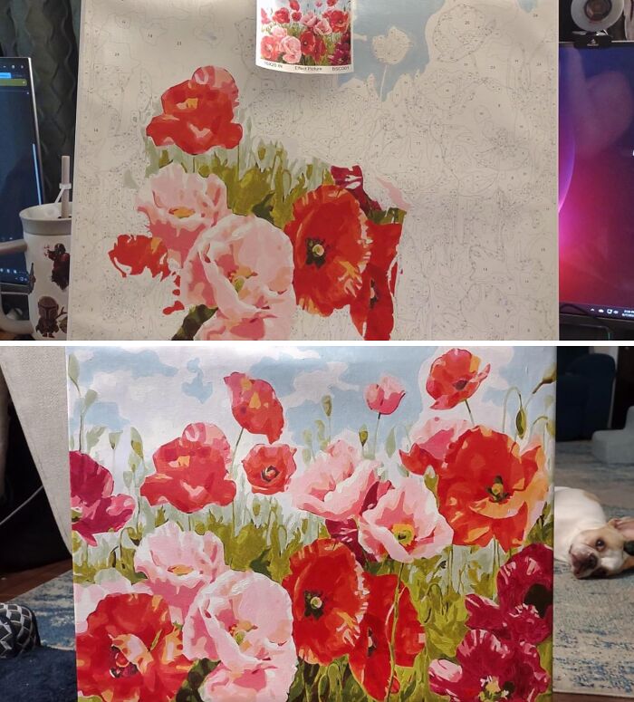 Painting of colorful flowers as part of a digital detox activity, showcasing progress from outline to completion.