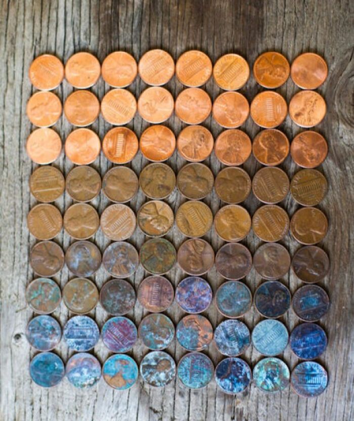 Coins arranged by color transformation over time on a wooden surface, illustrating time vs. things.