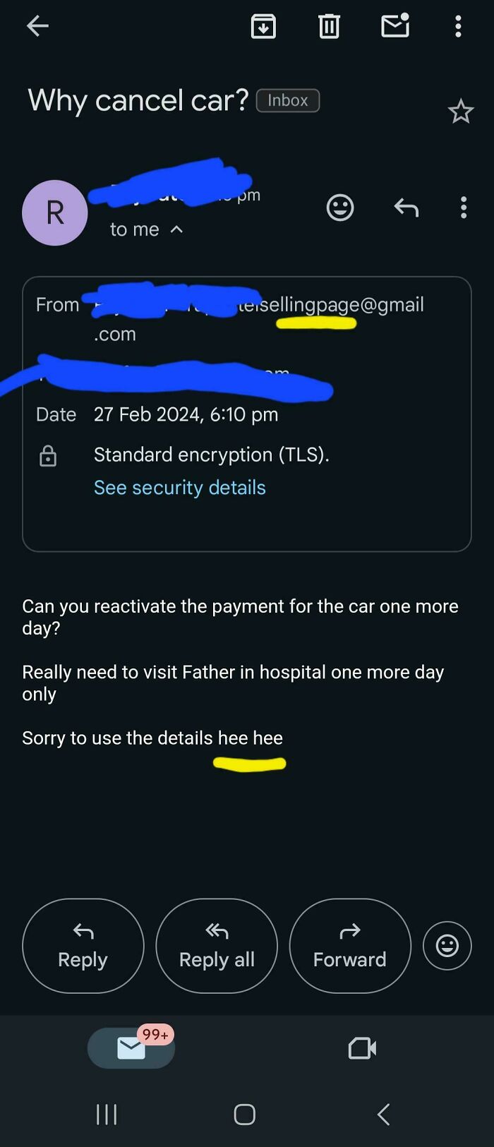 Email screenshot showing a potential scam about reactivating car payment.