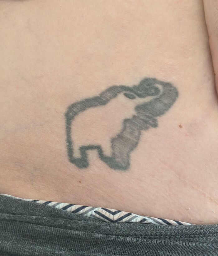 Tattoo of an elephant on skin representing time and things, bordered by a pattern.