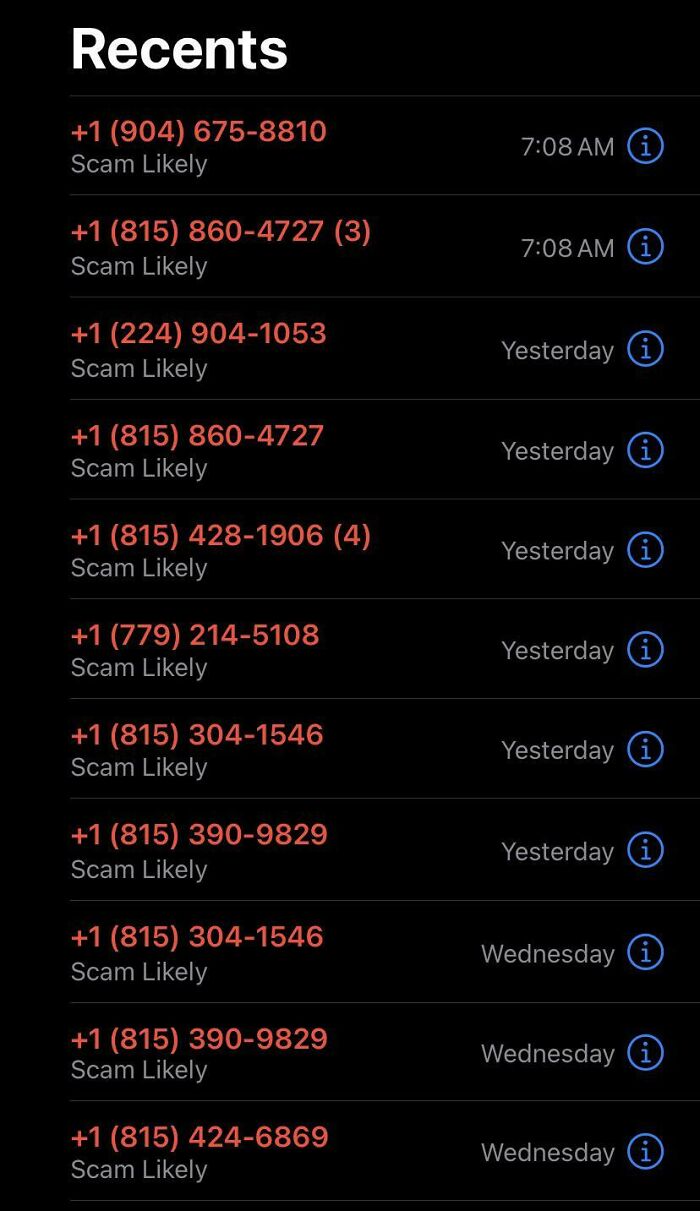 Recent calls list showing multiple "Scam Likely" alerts, illustrating potential scams targeting phone users.