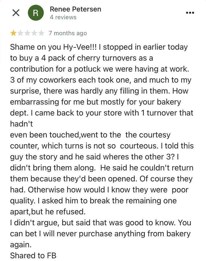 A negative customer review complaining about bakery quality and customer service experience at Hy-Vee.