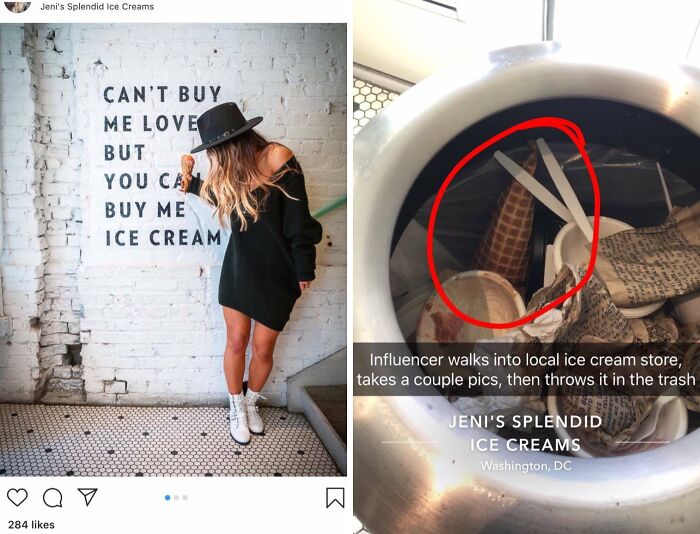 Influencer posing by ice cream sign, discarding cones in trash, illustrating entitled behavior.