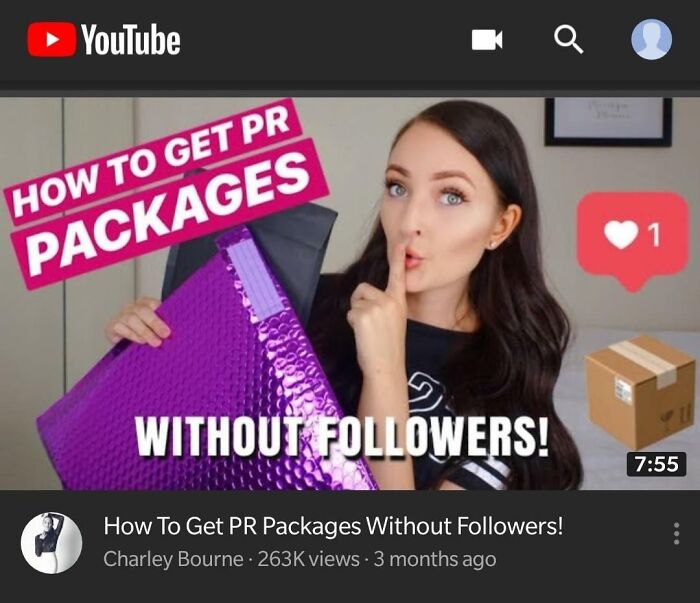 Influencer holding PR packages tutorial, emphasizing getting them without followers, symbolizing entitled influencer culture.
