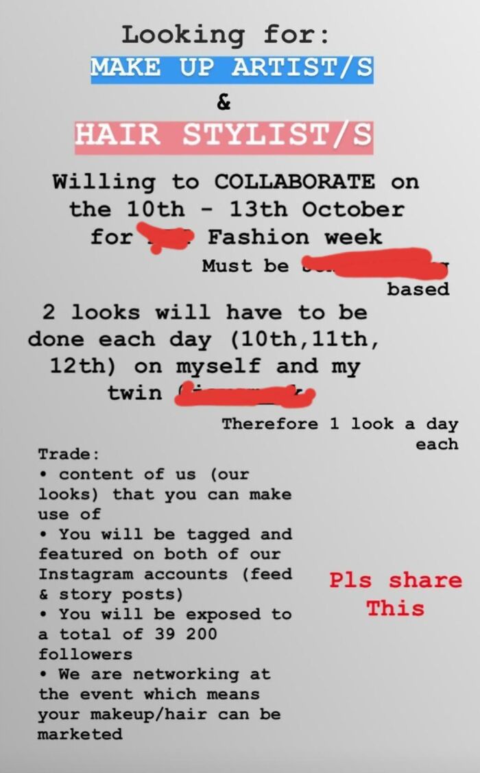Ad seeking makeup and hair artists for collaboration; tagged social exposure offered in exchange, highlighting entitled influencers.