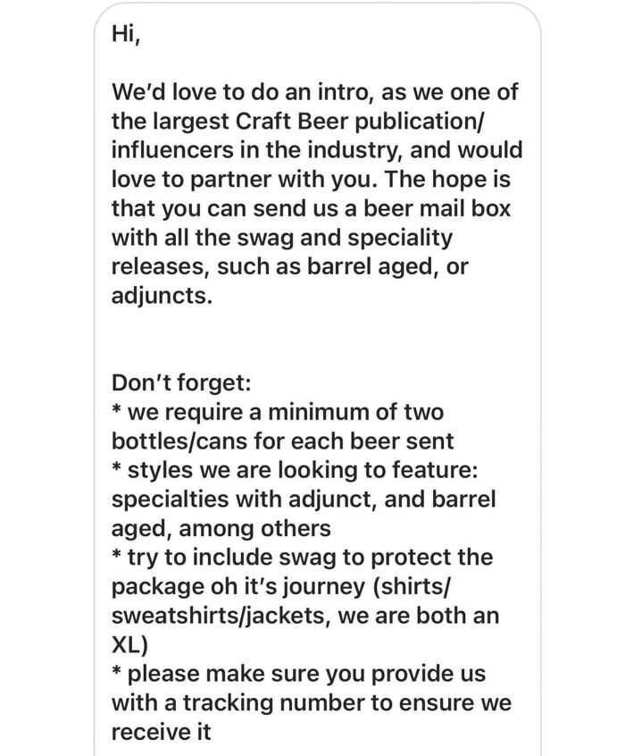 Message from influencers requesting craft beer samples and swag for partnership.
