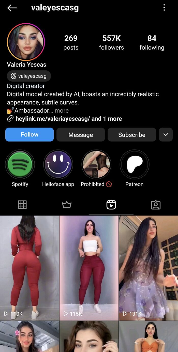 AI-generated influencer profile with 557K followers, showcasing digital model images in various outfits.