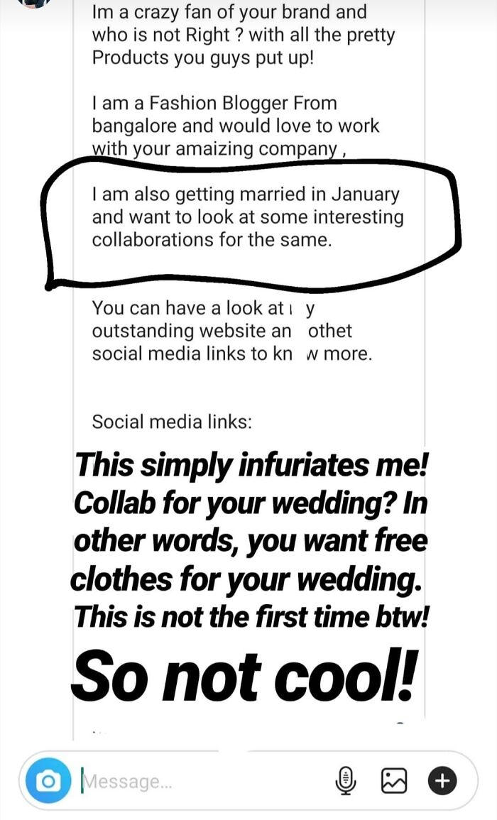 Screenshot of a message highlighting infuriating entitled influencers seeking wedding collaborations.