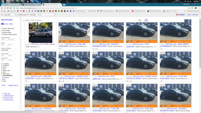 Multiple identical car listings on a website, highlighting shameless scams targeting potential buyers.