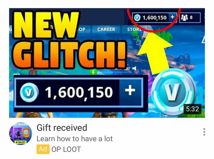 In-game screenshot showing "New Glitch" with 1,600,150 currency as a potential shameless scam.