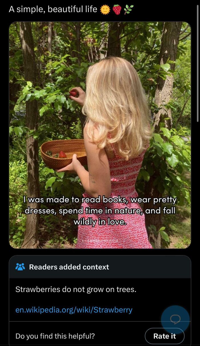 Influencer picking strawberries from a tree, in a pink dress, with text about nature and love in a lush green setting.