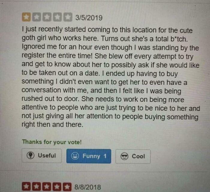 Entitled user leaves negative review after being ignored by staff at a store, focusing on personal attention over service.